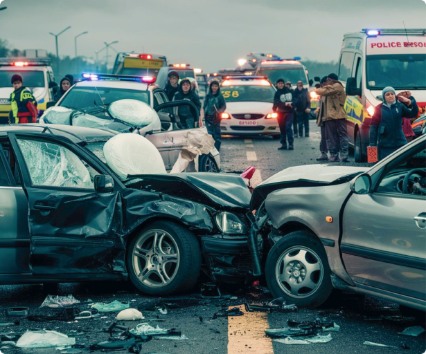 Emergency crews at a multi-car crash scene